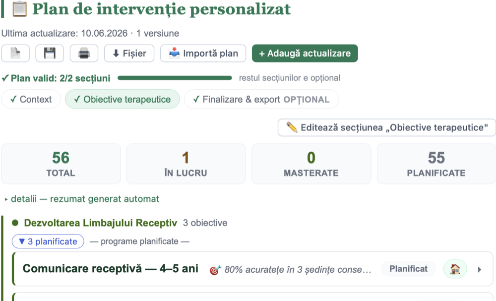 Captură din KidlyPro: planul de intervenție al unui copil, cu obiectivele urmărite și numărul celor masterate